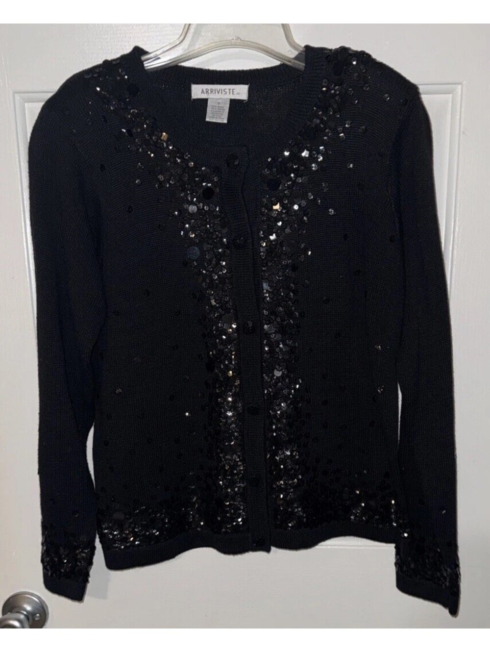 Vintage Arriviste Black Fancy Sequin Cardigan Sweater Cotton Blend Size Small